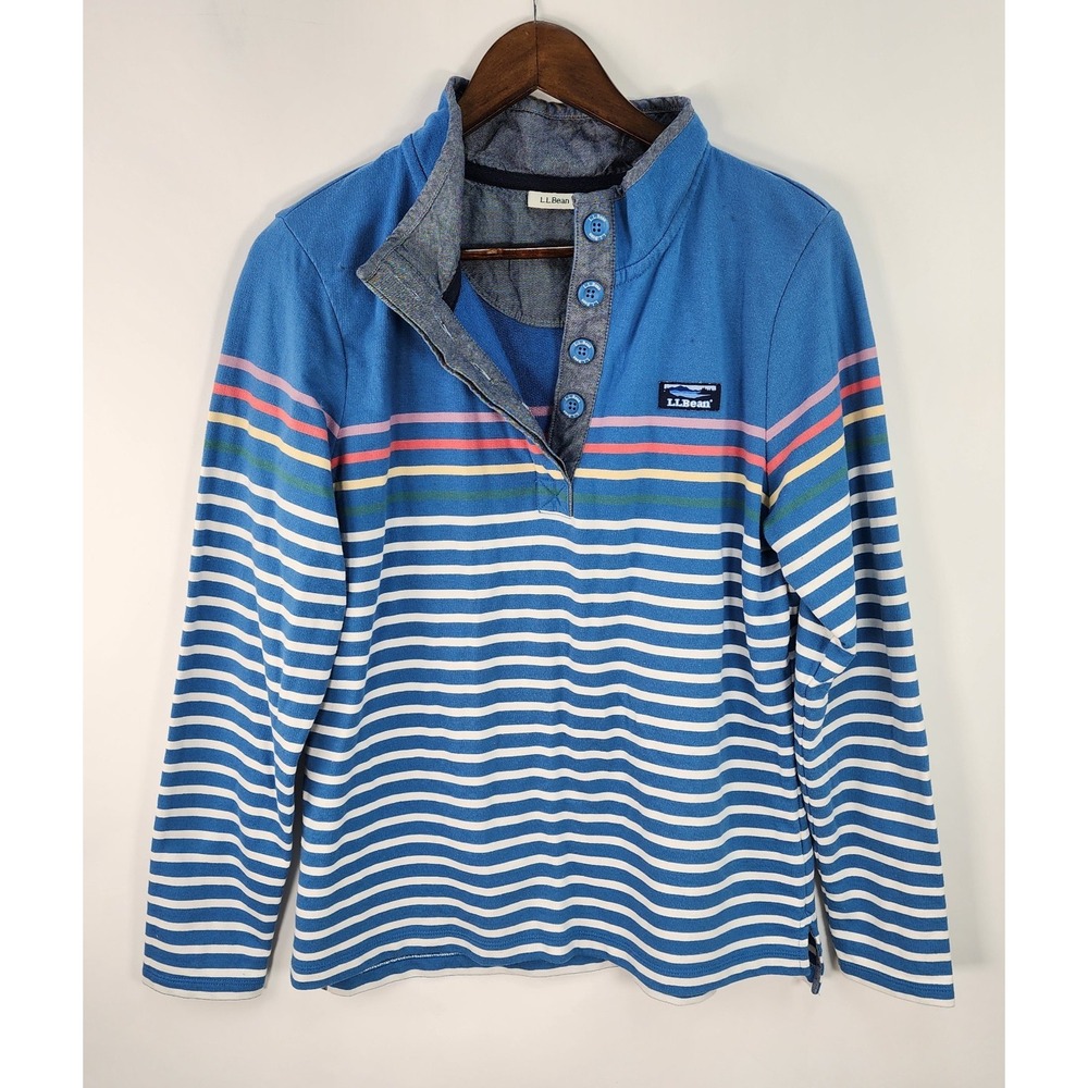 LL Bean Pullover Top  Women's L Preppy Blue White Yellow Pink Stripe Mock Neck
